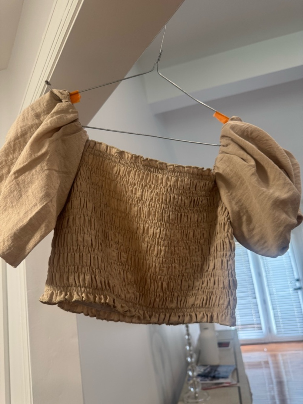 Altar'd State Beige Smocked Off-Shoulder Crop Top